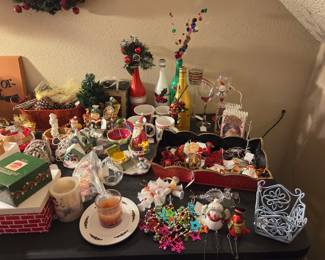 Holiday mugs, plates, stacking boxes