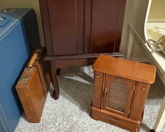 Down Stairs Main Bedroom Tall jewelry chest, jewelry boxes, vintage suit case, backgammon set