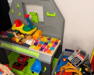 toddler work bench, trucks and cars and more toys