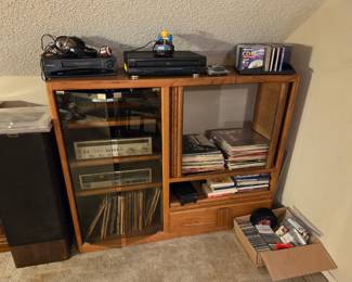 Oak stereo cabinet, LPs, Music Cds, VHS Player, Stereo Equipment, Speakers, Cassettes, mini pac-man game