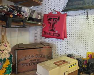 Anheuser Bush Crate , tackle box,  Paint supplies, Texas Tech game cushions, 