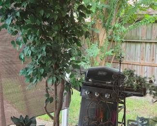 Faux plant, propane cans, grill