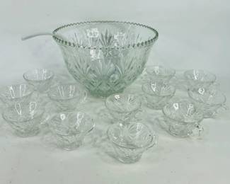 Vintage Crystal Glass Punch Bowl with Cups
