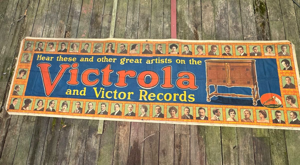 Amazingly Rare 1920's Victola Store Advertising Banner, 8 feet in length, never used and in mint condition. Colors are amazing, maybe best example in existence!!