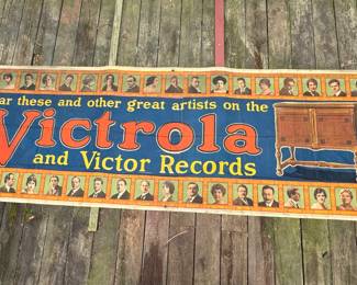 Amazingly Rare 1920's Victola Store Advertising Banner, 8 feet in length, never used and in mint condition. Colors are amazing, maybe best example in existence!!