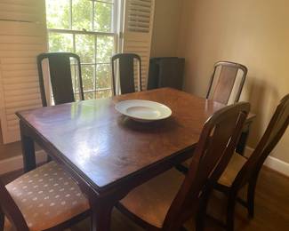 Mahogany table with leaf & 8 chairs, crème upholstery $600