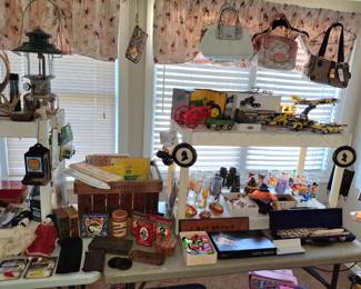 Cranberry Wood Box, Several John Deere Tractor Manuals, Tobacco Tins and Vintage Thermometers!