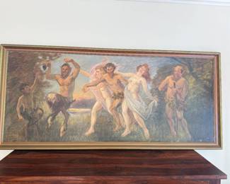 Signed Danish original oil featuring a bawdy BACCHANAL!
