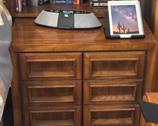 MCM King Size Bed. Mattress and box included. Build in book shelf as headboard and two matching nightstands. Excellent.