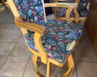 Quality oak, swivel bar stools. Billiard pattern, needs some love.