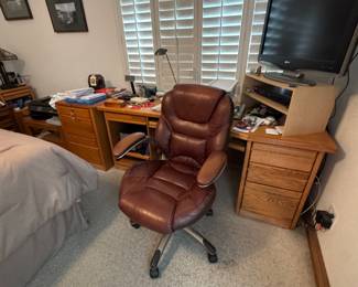 Great quality oak office desk, file cabinet, leather office chair, TV and more!