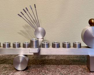 Aluminum & Brass Menorah, Signed Brenda Zaltas