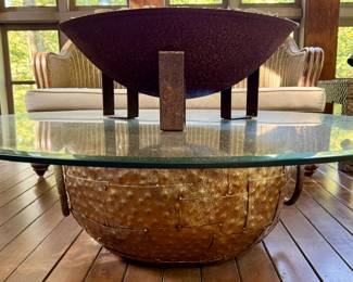 Glass Coffee Table with Hammered Brass Base
