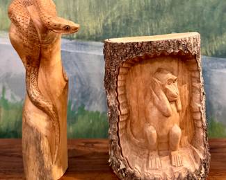 Carved Wood Snake & Monkey