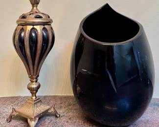 Vintage Brass & Bubble Glass Urn & Signed Art Glass Vase