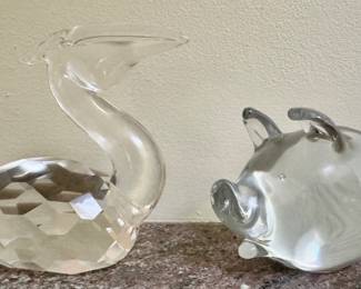 Art Glass Pelican & Pig, Signed