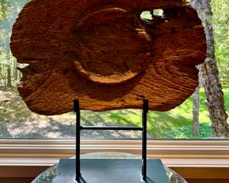 Weathered Wood Sculpture on Metal Stand