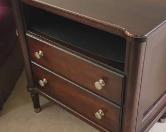 Walter E. Smith nightstand, two drawer and 1 shelf with glass, stained top, 28” wide, 18” deep, 29” tall