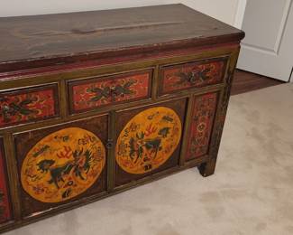 Decorative Tibetan vintage dresser, top has wear, 3 drawers and 2 doors, 55” wide, 22” deep, 34” tall