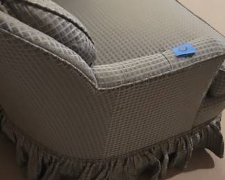 Blue grey chair with two pillows, 29” wide, 32” deep, 31” tall