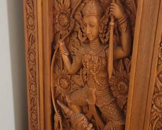 Decorative cabinet with three shelves inside and two drawers, comes with key, top is 35”, 20” deep, 65 ½” tall, base is 42” wide