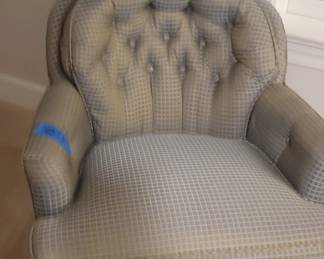 Blue grey chair with two pillows, 29” wide, 32” deep, 31” tall