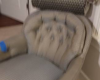 Blue grey chair with two pillows, 29” wide, 32” deep, 31” tall