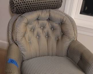 Blue grey chair with two pillows, 29” wide, 32” deep, 31” tall