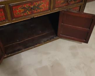 Decorative Tibetan vintage dresser, top has wear, 3 drawers and 2 doors, 55” wide, 22” deep, 34” tall