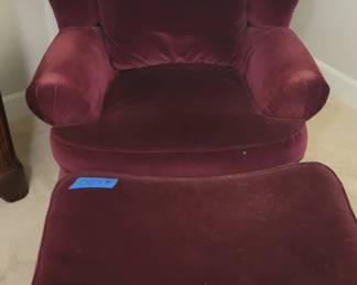 Purple chair with ottoman, arms have wear, fringe ottoman is missing a wheel, ottoman is 32” wide, 20” deep, 16” tall