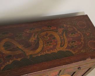 Decorative Tibetan vintage dresser, top has wear, 3 drawers and 2 doors, 55” wide, 22” deep, 34” tall