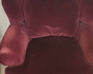 Purple chair with ottoman, arms have wear, fringe ottoman is missing a wheel, ottoman is 32” wide, 20” deep, 16” tall