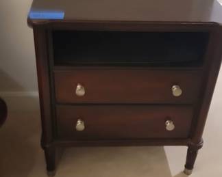 Walter E. Smith nightstand, two drawer and 1 shelf with glass, stained top, 28” wide, 18” deep, 29” tall