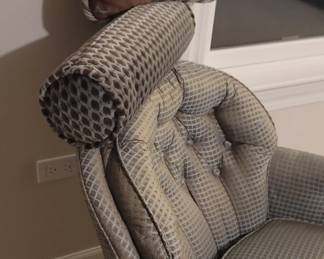 Blue grey chair with two pillows, 29” wide, 32” deep, 31” tall