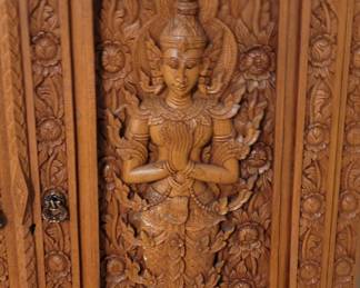 Decorative cabinet with three shelves inside and two drawers, comes with key, top is 35”, 20” deep, 65 ½” tall, base is 42” wide