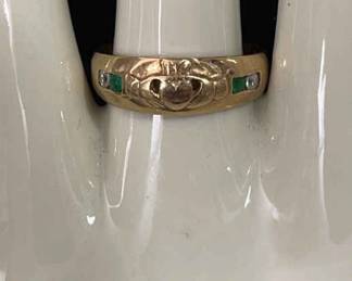 9K Carat 375 Gold Ring With Tested Diamonds & Emeralds * Size 9 3/4 * Weight = 3.75g