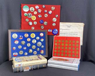 Vintage, HUGE, Rare Presidential Election Buttons ,Franklin Mint Bronze Presidents Coins Collection, Signed Books