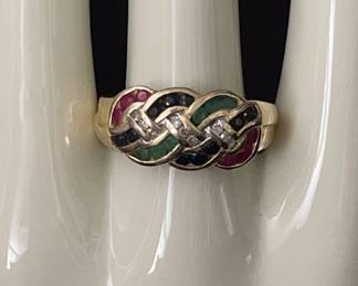 Gorgeous Celtic Knot Looking Multi-Colored Gemstone Ring * Tested! * 14K Gold * Size 10 Sizeable