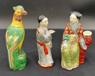 Unique Vintage Chinese Figurines & Green Bird * 6.5-7.5” Tall