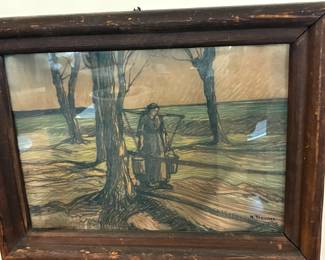 Antique charcoal drawing, original, 1915, signed H Treuner