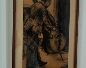 Charcoal drawing of bass musician