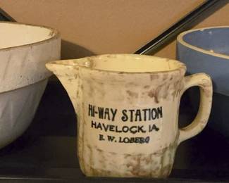 VINTAGE SAWTOOTH STONEWARE MIXING BOWL. ADVERTISING STONEWARE PITCHER