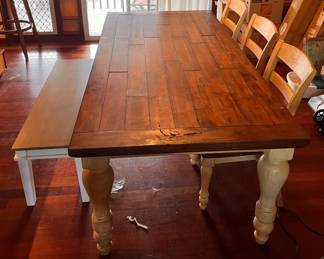 AAE060 - Dark Oak Finish Wood Farmhouse Dining Table, Three Wood Chairs, and a Bench
