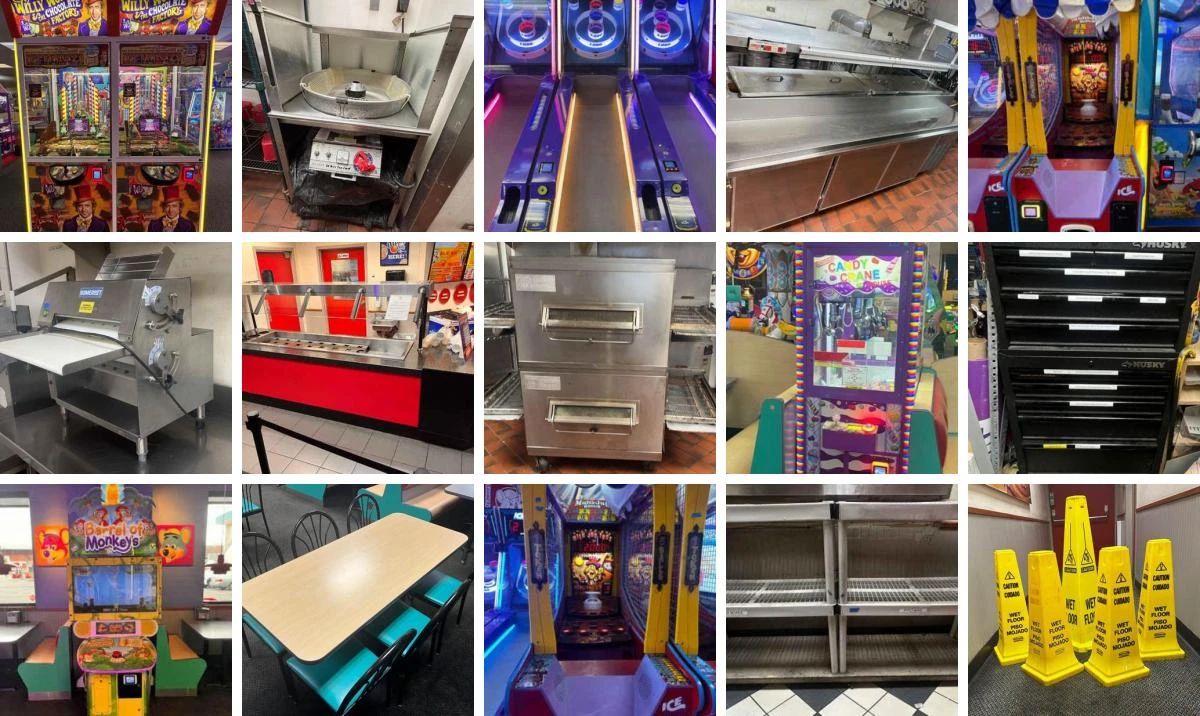 CHEESE E. CHUCK SALE CTBids Online Auction • Bidding Ends 08/11/25 • Pickup 08/13/25  Chuck E. Cheese Food Service & Restaurant Equipment & More! This auction features video games, a double decker pizza oven, food service, restaurant, kitchen equipment and supplies. Great for your catering or restaurant operation, a food truck, a concession and/or large family gatherings! You will find commercial grade chairs, tables, booths, racks, mobile countertops, a cotton candy machine, serviceware, commercial refrigerator and freezer, a pizza oven, utility carts, prep stations, kitchen tools, food storage, ice maker, TV/monitors and so much more! 