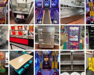 CHEESE E. CHUCK SALE CTBids Online Auction • Bidding Ends 08/11/25 • Pickup 08/13/25 Chuck E. Cheese Food Service & Restaurant Equipment & More! This auction features video games, a double decker pizza oven, food service, restaurant, kitchen equipment and supplies. Great for your catering or restaurant operation, a food truck, a concession and/or large family gatherings! You will find commercial grade chairs, tables, booths, racks, mobile countertops, a cotton candy machine, serviceware, commercial refrigerator and freezer, a pizza oven, utility carts, prep stations, kitchen tools, food storage, ice maker, TV/monitors and so much more!