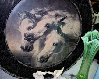 Much artwork. Framed prints, oils and photography. Framed Victorian lithograph "Pharoa's Horses"