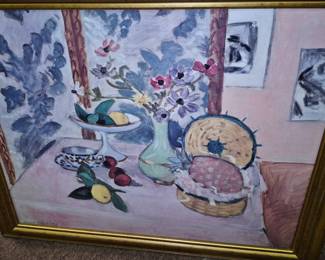 Much framed artwork.  Henri Matisse "Still Life, Pineapples, Fruit Bowl, Fruit, Vase of Anemones" framed reproduction oil painting 