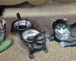 Cat iron  cat collectibles.  Door stops and water and food bowl holder  
