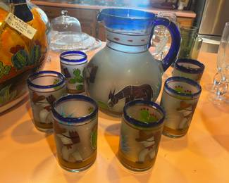 HANDPAINTED BLOWN GLASS PITCHER AND GLASSES SET
