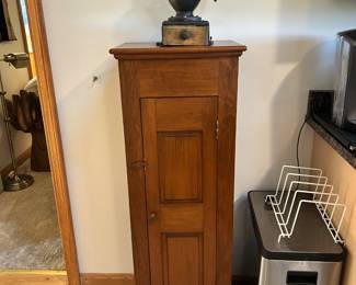 Cool Wood Cabinet w Coffee Grinder, Stainless Garbage Bin